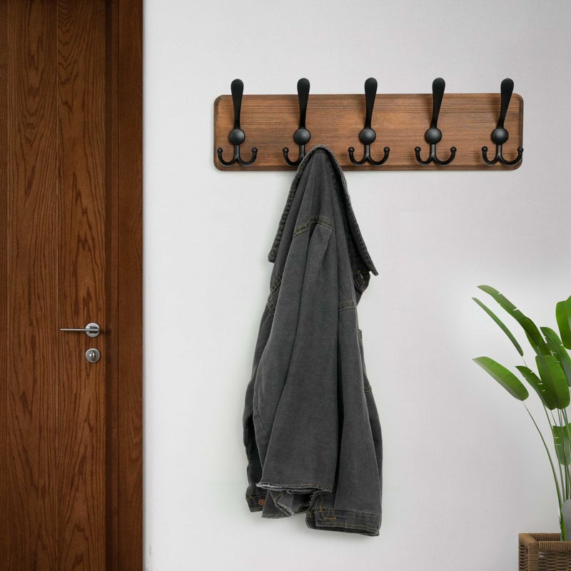 WEBI Rustic Coat Rack Wall Mounted,Wood Coat Hanger Wall,5 Coat Hooks,16" Hole to Hole,Hook Rack Rail,5 Triple Hooks for Hanging Jacket,Clothes,Hats,Entryway,Brown,2 Packs - Image 2